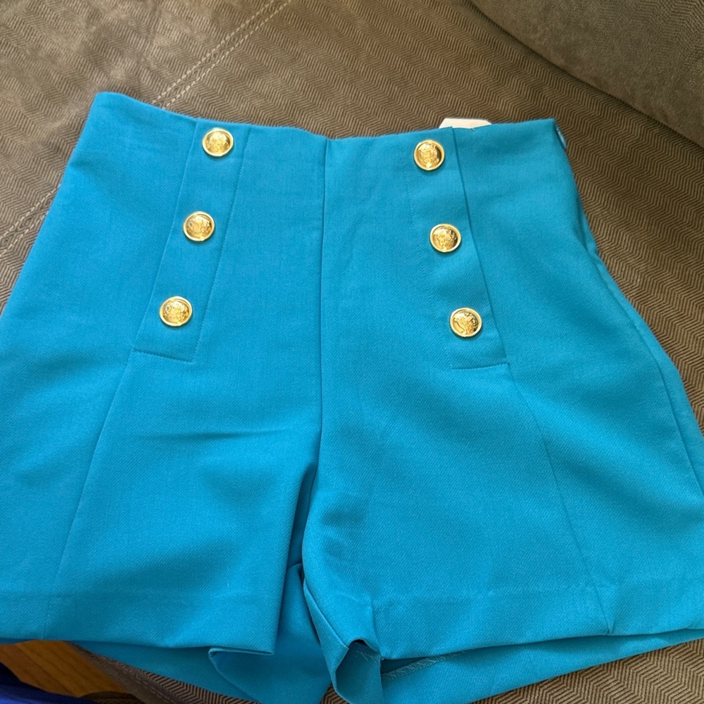 Zara blue High-Waist Shorts with Gold Buttons